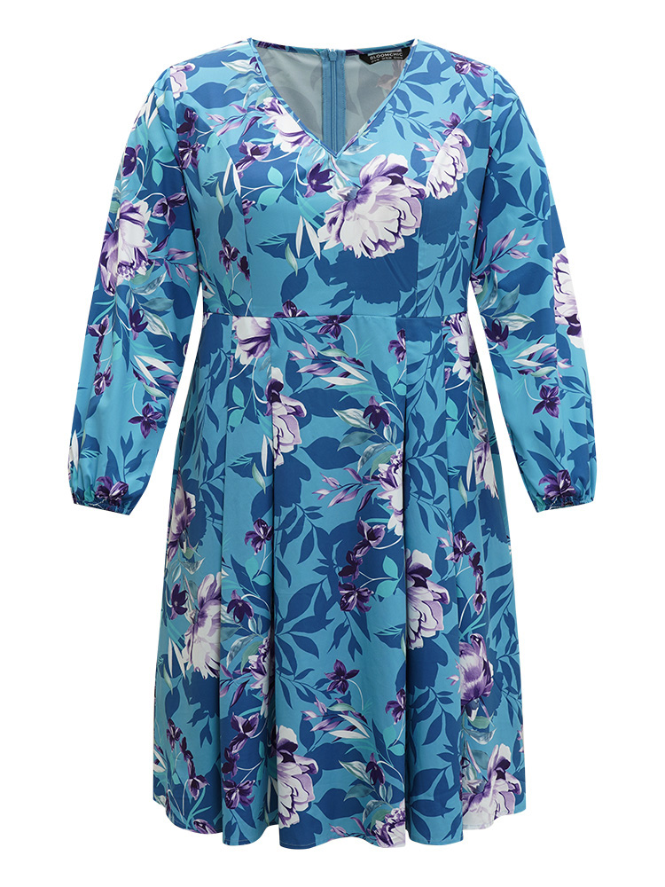Plus Size Floral Print Pleated Flutter Zipper Dress Multicolor Women Office Elastic cuffs V-neck Long Sleeve Curvy Midi Dress BloomChic 12/L 