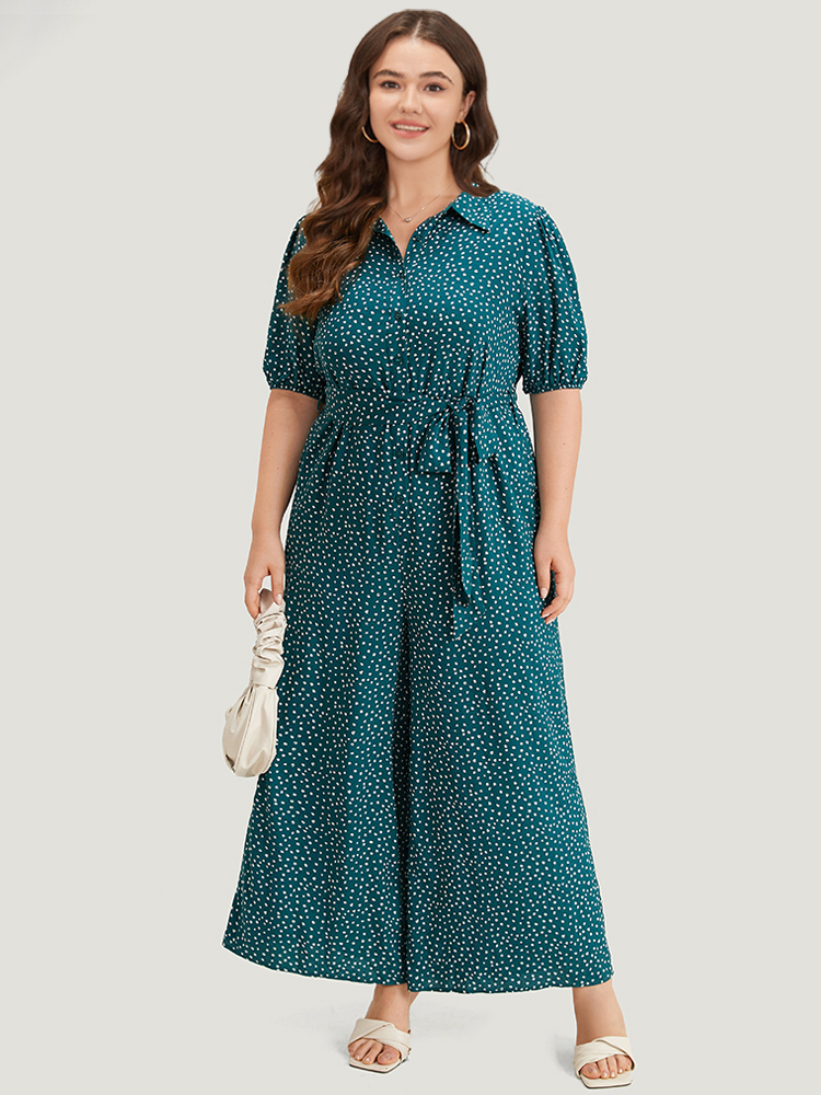 

Plus Size Emerald Polka Dot Belted Puff Sleeve Shirt Collar Jumpsuit Women Office Short sleeve Shirt collar Work Loose Jumpsuits BloomChic