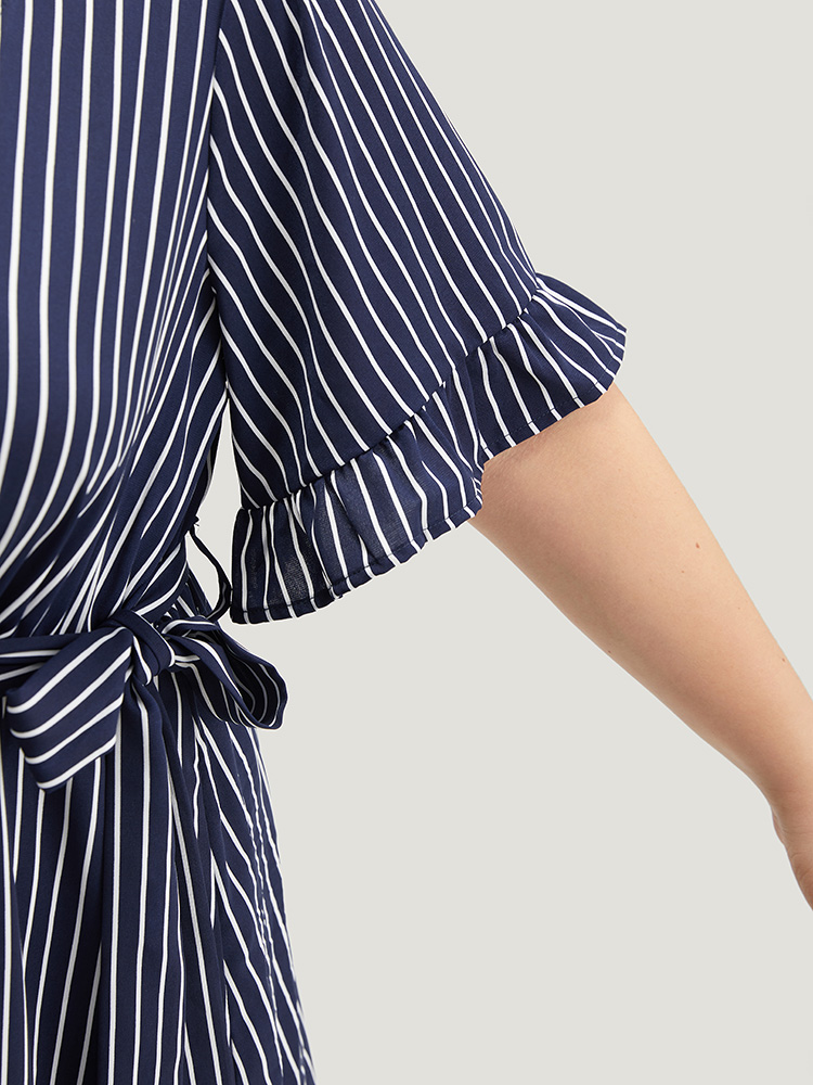 

Plus Size Striped Belted Button Detail Flutter Sleeve Dress DarkBlue Women Belted V-neck Short sleeve Curvy Midi Dress BloomChic