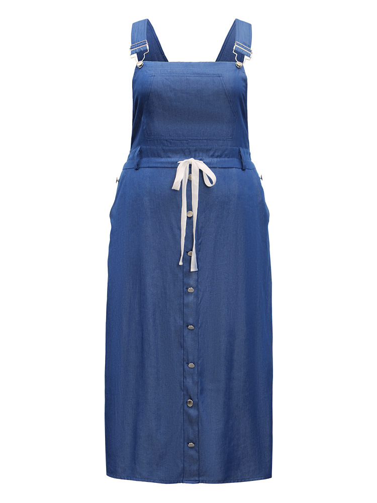 

Plus Size Contrast Drawstring Ties Button Detail Cami Dress DarkBlue Women Casual Adjustable Straps Spaghetti Strap Sleeveless Curvy Midi Dress BloomChic