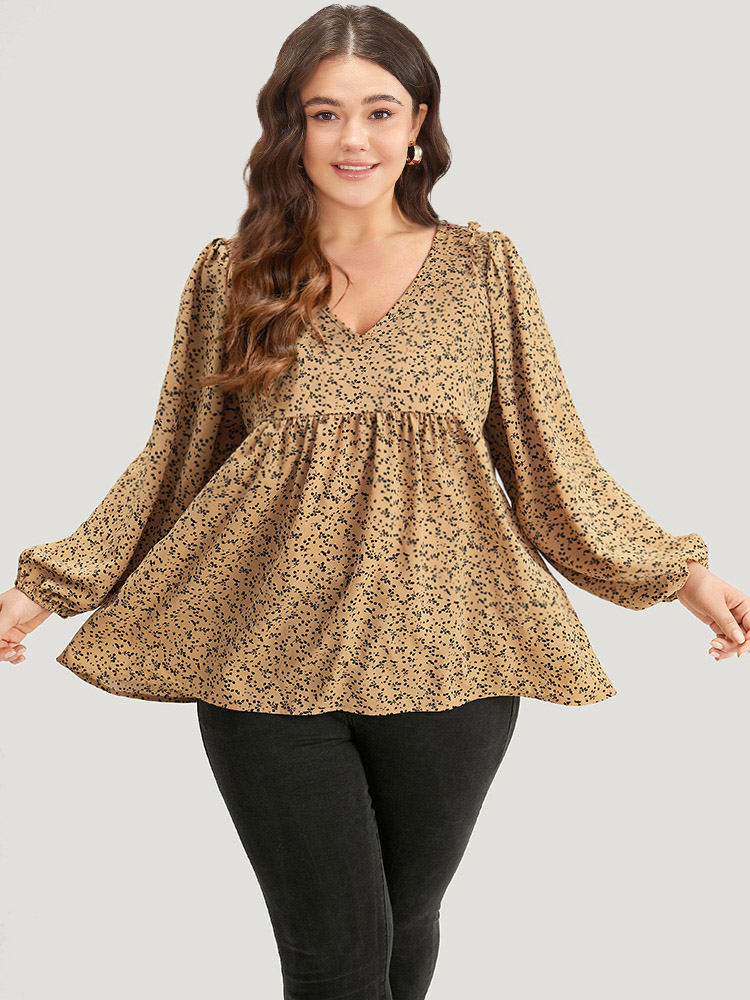 

Plus Size LightBrown Ditsy Floral Shirred V Neck Frill Trim Blouse Women Elegant Long Sleeve V-neck Dailywear Blouses BloomChic