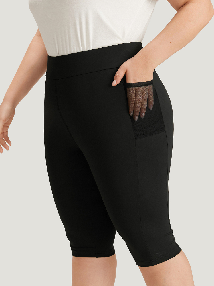 

Plus Size Skinny Wideband Waist Mesh Patchwork Pocket Leggings Women Black Elegant High stretch Skinny High Rise Dailywear Leggings BloomChic