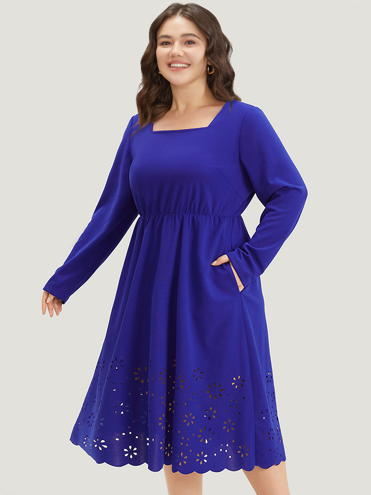 

Plus Size Plain Laser Cut Gathered Square Neck Dress DarkBlue Women Elegant Plain Square Neck Long Sleeve Curvy Midi Dress BloomChic