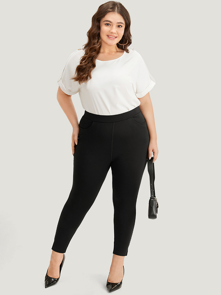 

Plus Size Plain Skinny Split Hem Pocket Pants Women Black Office High stretch Skinny High Rise Work Leggings BloomChic