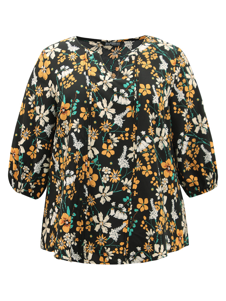 

Plus Size Black Floral Print Pleated Notched Lantern Sleeve Blouse Women Elegant Elbow-length sleeve Notched collar Dailywear Blouses BloomChic