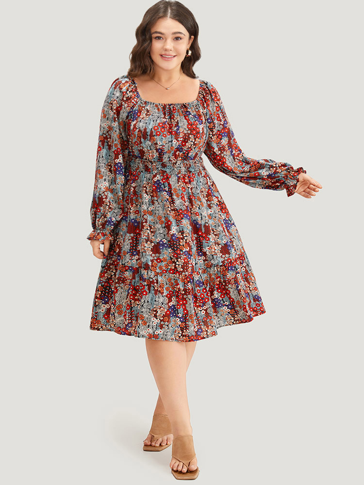 

Plus Size Floral Print Shirred Square Neck Ruffle Dress Multicolor Women Elegant Elastic cuffs Square Neck Long Sleeve Curvy Midi Dress BloomChic