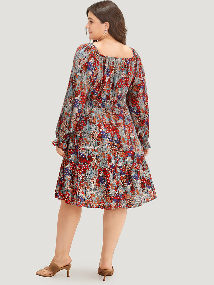 

Plus Size Floral Print Shirred Square Neck Ruffle Dress Multicolor Women Elegant Elastic cuffs Square Neck Long Sleeve Curvy Midi Dress BloomChic