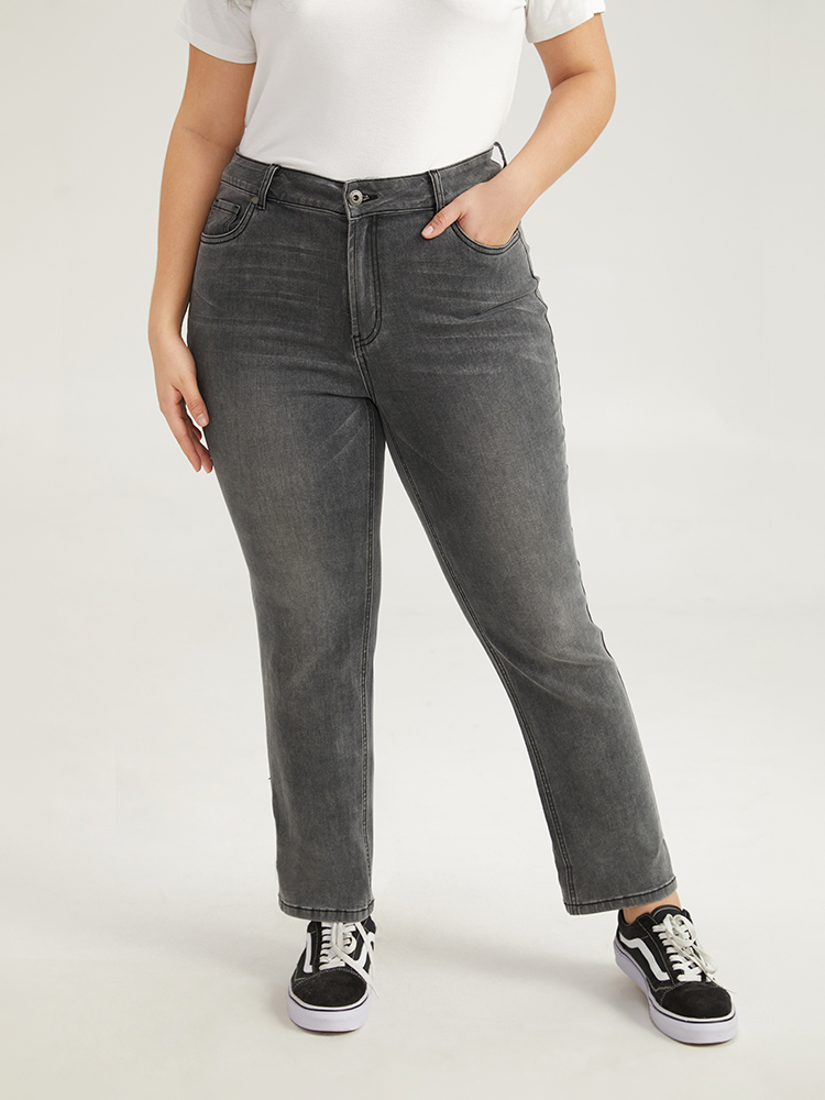 Plus Size Solid Roll Hem Black Wash Jeans Women LightGray Casual Plain Roll Hem High stretch Pocket Jeans BloomChic 22/3X 