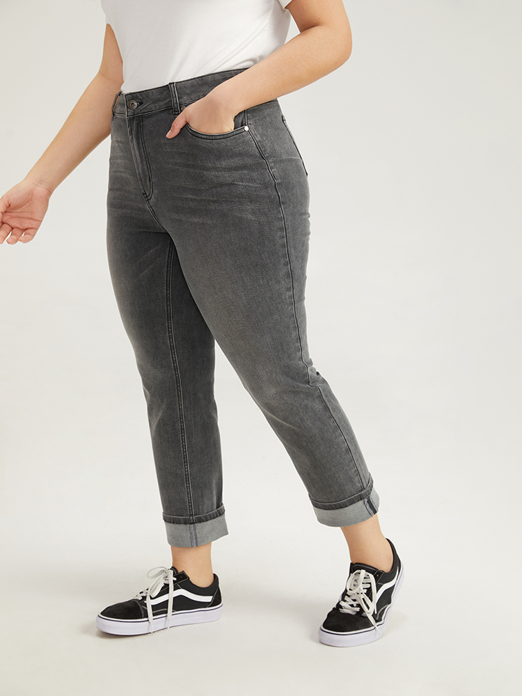 Plus Size Solid Roll Hem Black Wash Jeans Women LightGray Casual Plain Roll Hem High stretch Pocket Jeans BloomChic 22/3X 