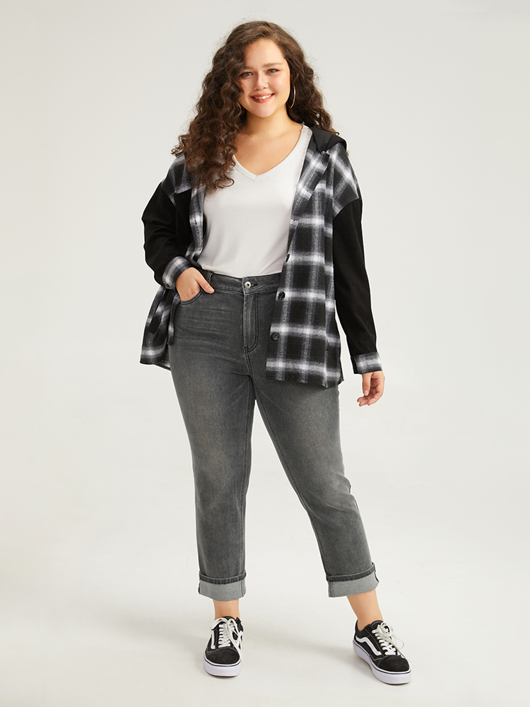 Plus Size Solid Roll Hem Black Wash Jeans Women LightGray Casual Plain Roll Hem High stretch Pocket Jeans BloomChic 22/3X 