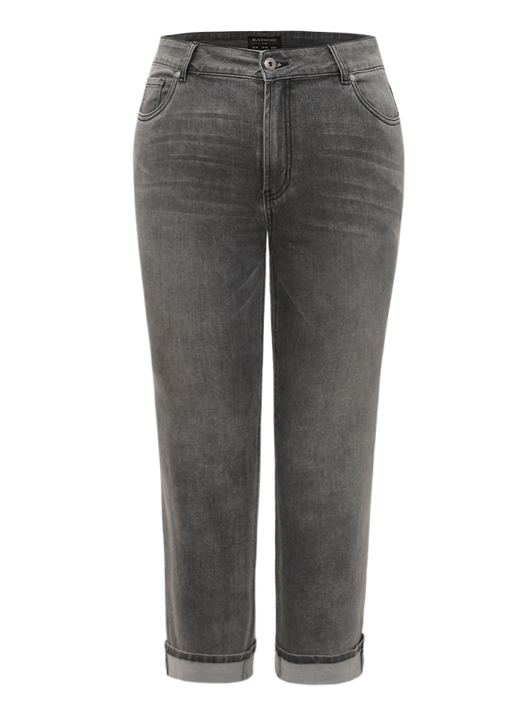 Plus Size Solid Roll Hem Black Wash Jeans Women LightGray Casual Plain Roll Hem High stretch Pocket Jeans BloomChic 22/3X 