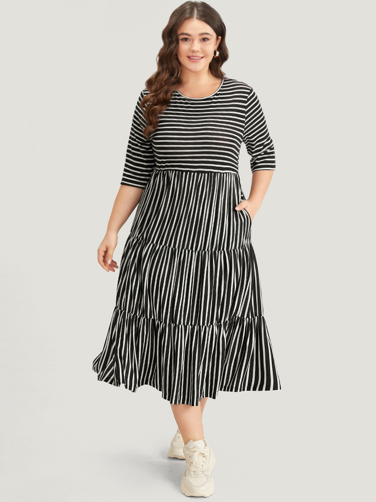 

Plus Size Striped Crew Neck Ruffle Layered Hem Dress Black Women Casual Printed Round Neck Half Sleeve Curvy Midi Dress BloomChic