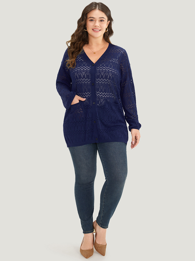 Plus Size Cardigans | Plain Pocket Hollow Out Button Through Cardigan | BloomChic 