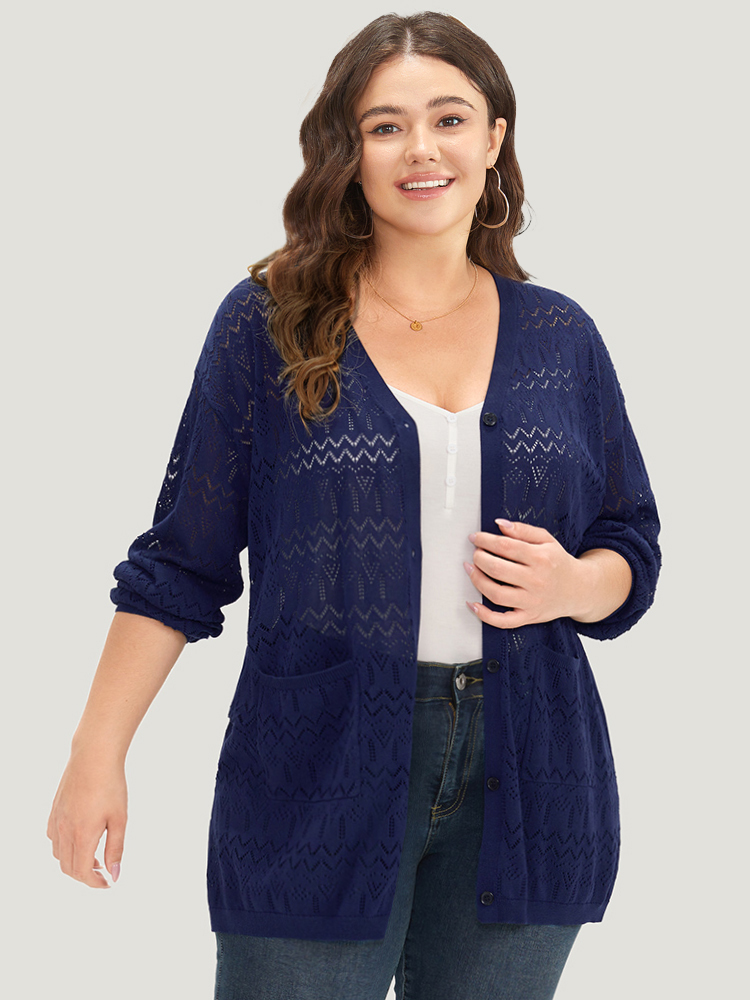 Plus Size Cardigans | Plain Pocket Hollow Out Button Through Cardigan | BloomChic 