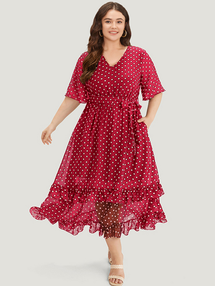 

Plus Size Polka Dot Ruffles Pocket V Neck Mesh Belted Dress Raspberry Women Elegant Lined V-neck Short sleeve Curvy Midi Dress BloomChic