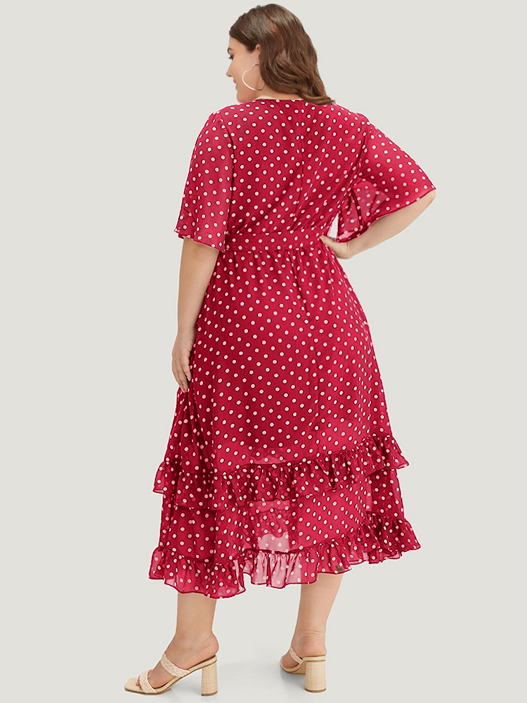 Plus Size Polka Dot Ruffles Pocket V Neck Mesh Belted Dress Raspberry Women Elegant Lined V-neck Short sleeve Curvy Midi Dress BloomChic 22-24/3X 