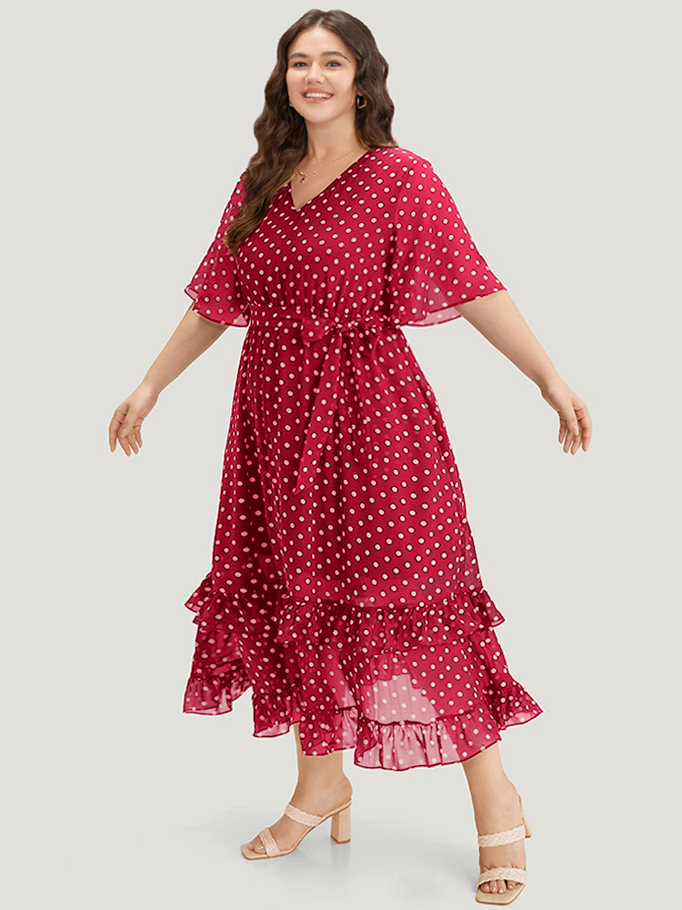 

Plus Size Polka Dot Ruffles Pocket V Neck Mesh Belted Dress Raspberry Women Elegant Lined V-neck Short sleeve Curvy Midi Dress BloomChic