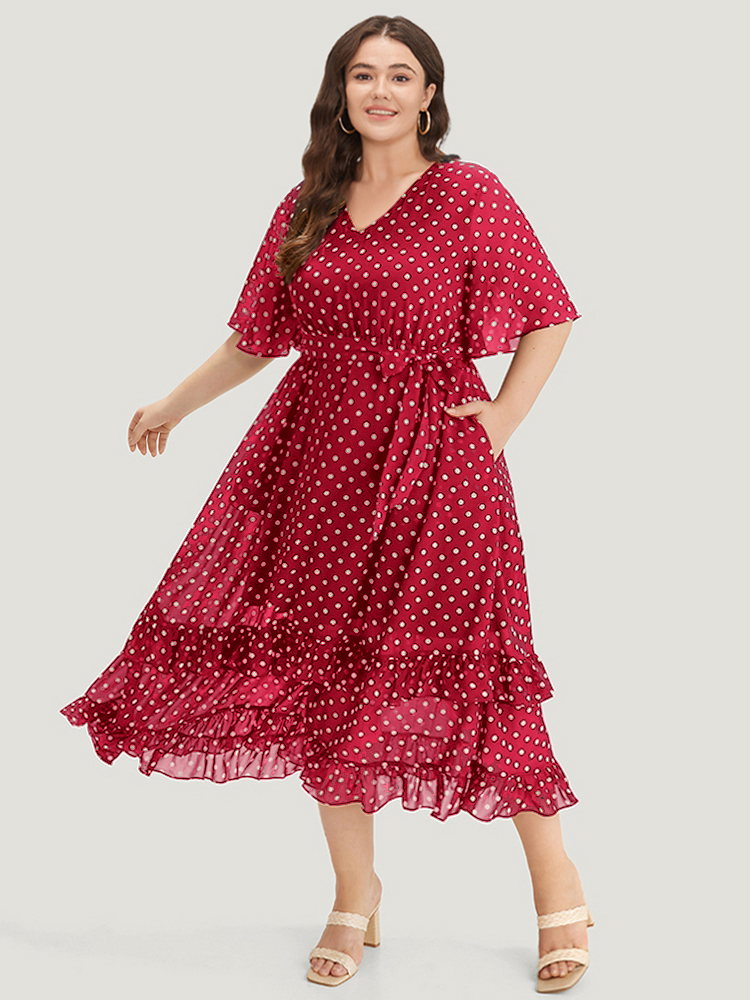 Plus Size Polka Dot Ruffles Pocket V Neck Mesh Belted Dress Raspberry Women Elegant Lined V-neck Short sleeve Curvy Midi Dress BloomChic 22-24/3X 