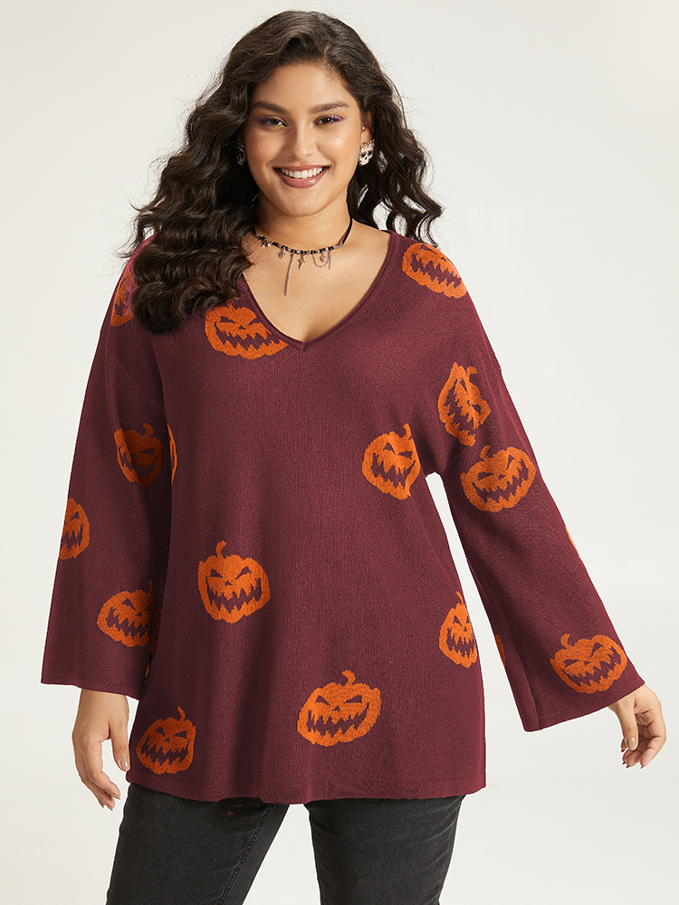 

Plus Size Halloween V Neck Bell Sleeve Pullover Burgundy Women Casual Loose Long Sleeve V-neck Dailywear Pullovers BloomChic