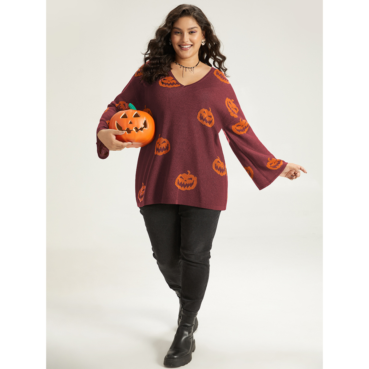 

Plus Size Halloween V Neck Bell Sleeve Pullover Burgundy Women Casual Loose Long Sleeve V-neck Dailywear Pullovers BloomChic