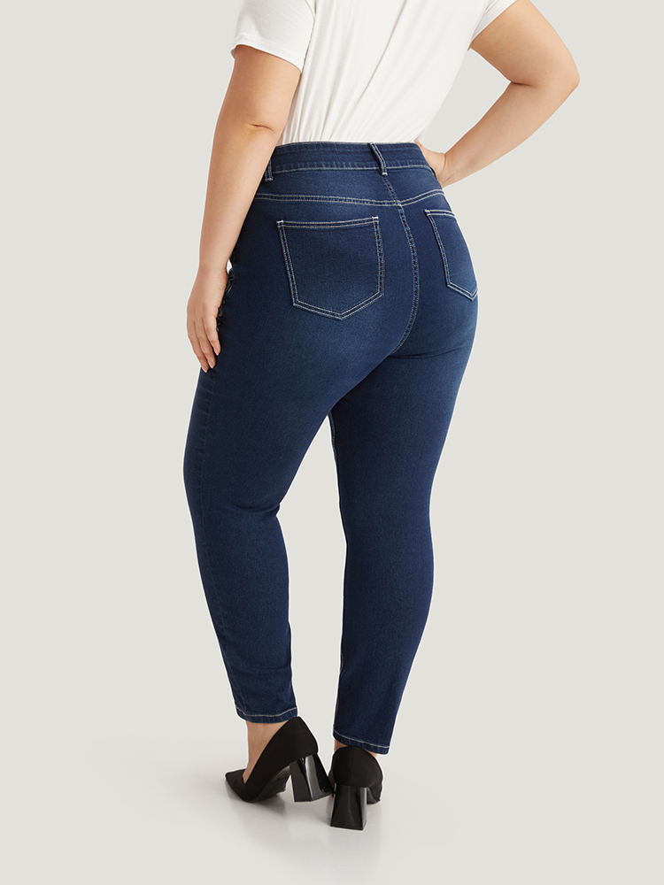 Plus Size Floral Embroidered High Rise Skinny Jeans Women DarkBlue Casual Natural Flowers Zipper High stretch Pocket Jeans BloomChic 26/4X 