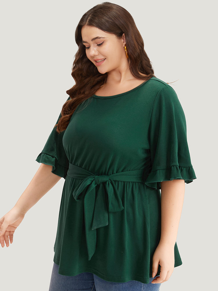 

Plus Size Plain Crew Neck Ties Ruffle Trim Gathered T-shirt DarkGreen Round Neck Half Sleeve Casual Jersey Tops