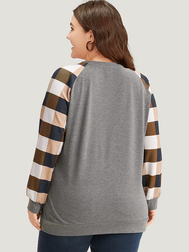 Plus Size Colorblock Contrast Pocket Stitch Sweatshirt Women Gray Casual Elastic cuffs Round Neck Dailywear Sweatshirts BloomChic 14-16/1X 