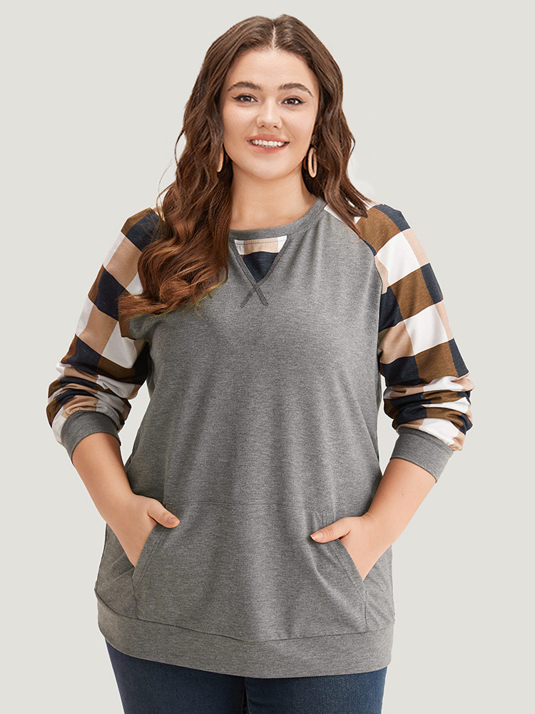 Plus Size Colorblock Contrast Pocket Stitch Sweatshirt Women Gray Casual Elastic cuffs Round Neck Dailywear Sweatshirts BloomChic 14-16/1X 