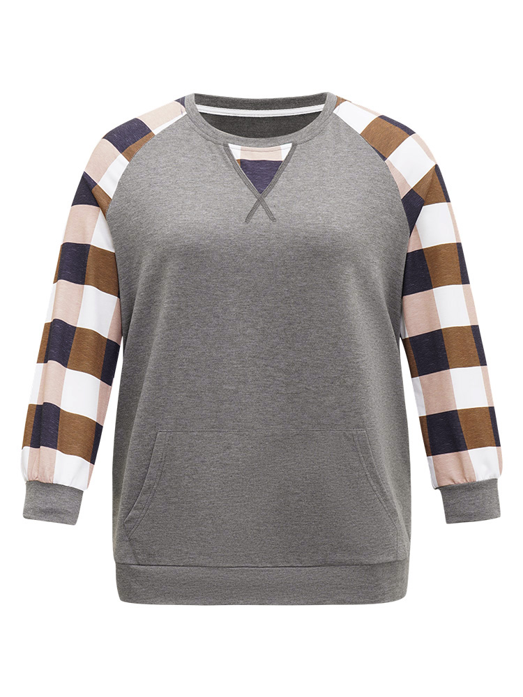 Plus Size Colorblock Contrast Pocket Stitch Sweatshirt Women Gray Casual Elastic cuffs Round Neck Dailywear Sweatshirts BloomChic 14-16/1X 