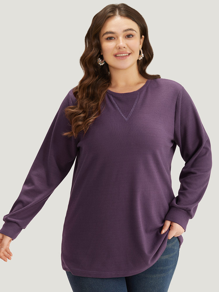 

Plus Size Plain Textured Stitch Crew Neck Sweatshirt Women Eggplant Casual Elastic cuffs Round Neck Dailywear Sweatshirts BloomChic