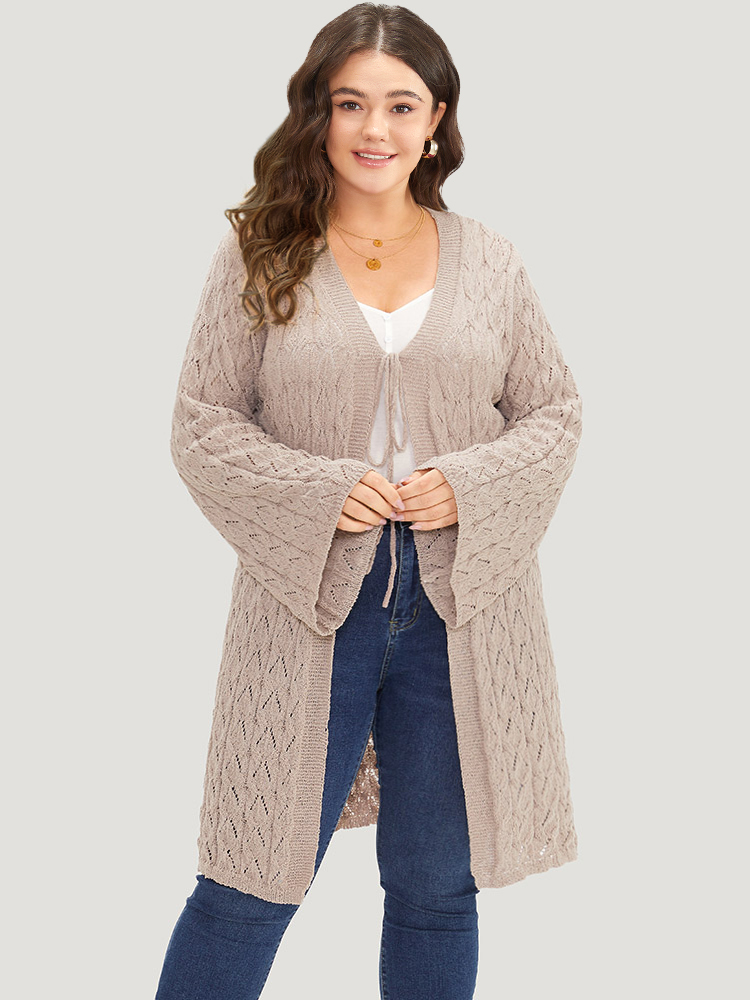 

Plus Size Geometric Eyelet Tie Front Bell Sleeve Tunic Cardigan LightBrown Women Casual Loose Long Sleeve Dailywear Cardigans BloomChic