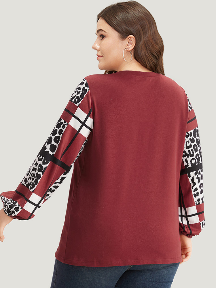 Plus Size Leopard Colorblock Contrast V Neck Lantern Sleeve Sweatshirt Women Scarlet Casual Elastic cuffs V-neck Dailywear Sweatshirts BloomChic 14-16/1X 