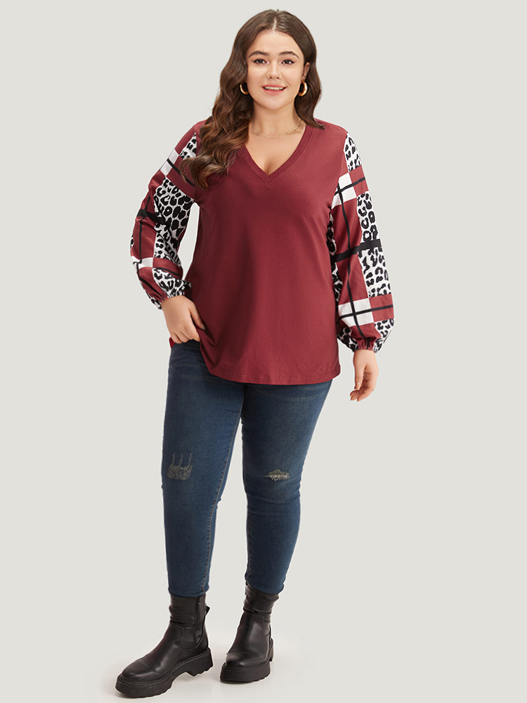 Plus Size Leopard Colorblock Contrast V Neck Lantern Sleeve Sweatshirt Women Scarlet Casual Elastic cuffs V-neck Dailywear Sweatshirts BloomChic 14-16/1X 