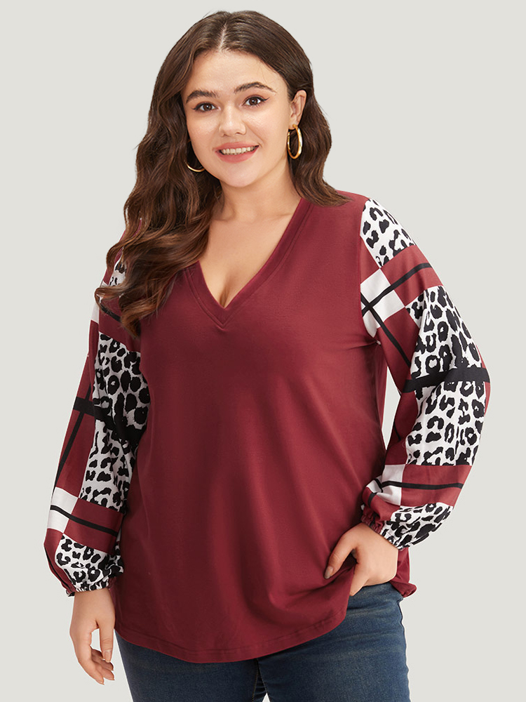 Plus Size Leopard Colorblock Contrast V Neck Lantern Sleeve Sweatshirt Women Scarlet Casual Elastic cuffs V-neck Dailywear Sweatshirts BloomChic 14-16/1X 