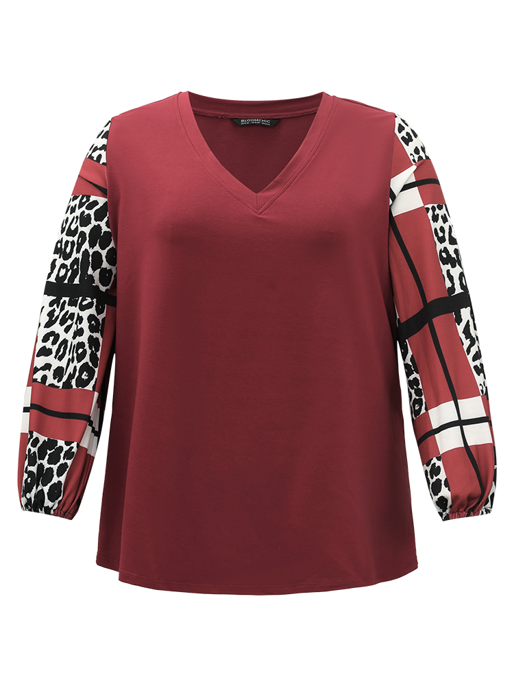 Plus Size Leopard Colorblock Contrast V Neck Lantern Sleeve Sweatshirt Women Scarlet Casual Elastic cuffs V-neck Dailywear Sweatshirts BloomChic 14-16/1X 