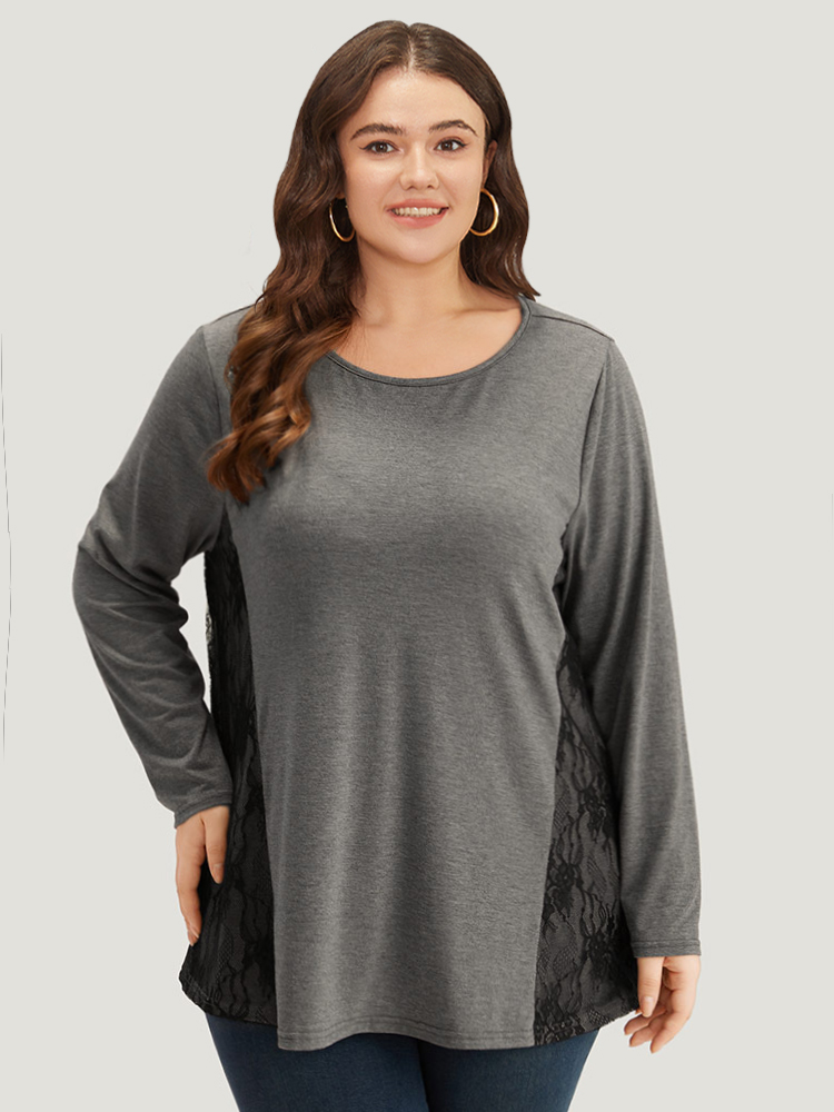 Plus Size Women Everyday Plain Contrast Regular Sleeve Long Sleeve Round Neck Elegant T-shirts BloomChic 