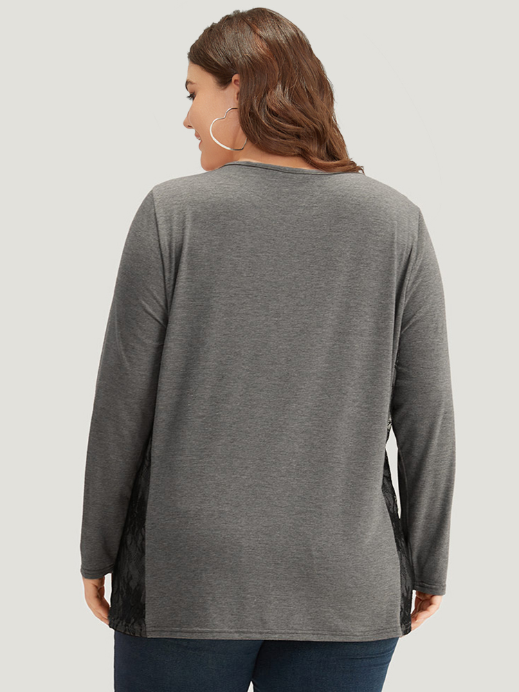 Plus Size Women Everyday Plain Contrast Regular Sleeve Long Sleeve Round Neck Elegant T-shirts BloomChic 