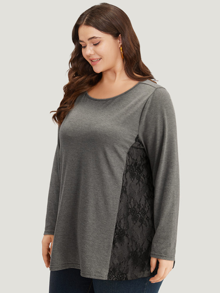 Plus Size Women Everyday Plain Contrast Regular Sleeve Long Sleeve Round Neck Elegant T-shirts BloomChic 