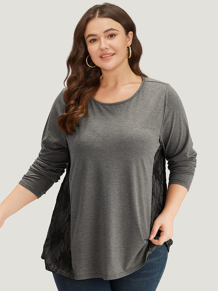 Plus Size Women Everyday Plain Contrast Regular Sleeve Long Sleeve Round Neck Elegant T-shirts BloomChic 