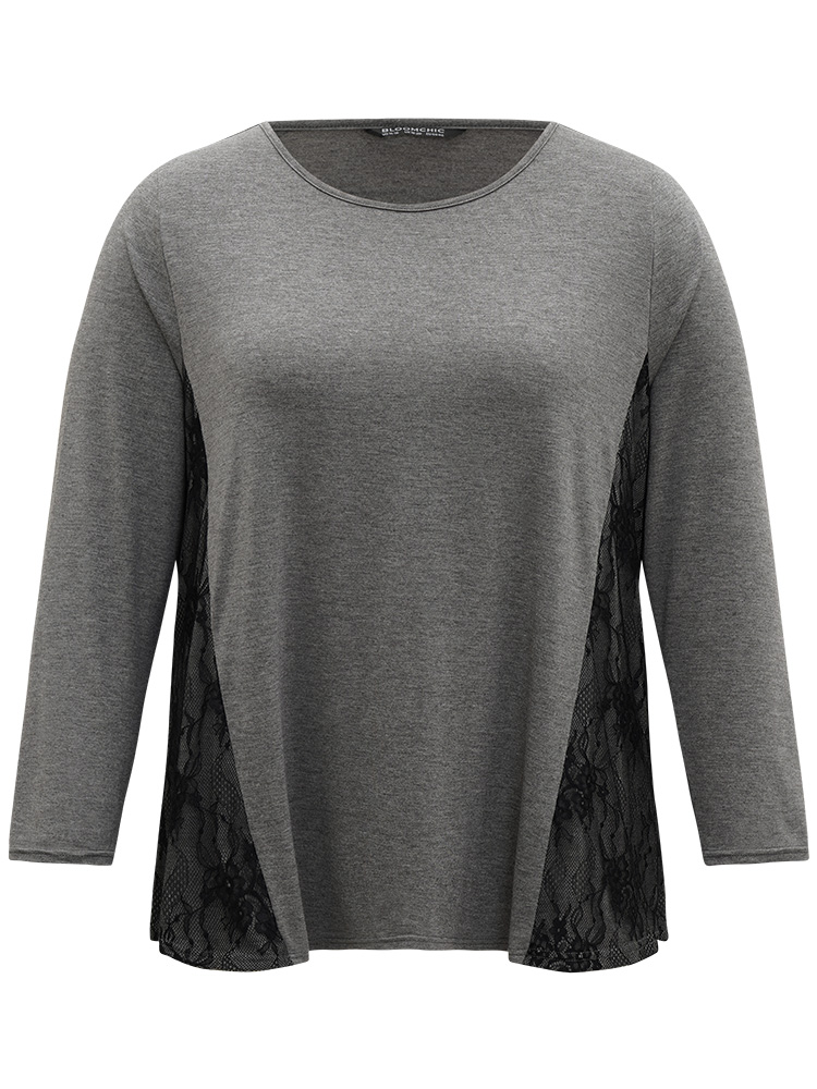 Plus Size Women Everyday Plain Contrast Regular Sleeve Long Sleeve Round Neck Elegant T-shirts BloomChic 