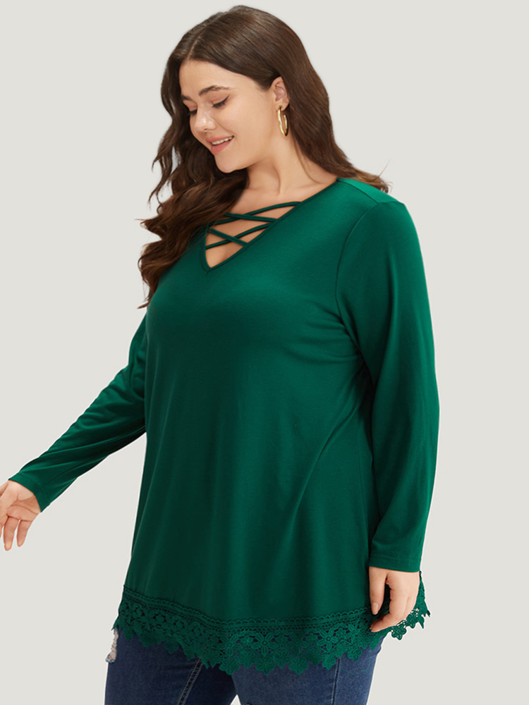 Plus Size Women Dailywear Plain Plain Regular Sleeve Long Sleeve V-neck Elegant T-shirts BloomChic 