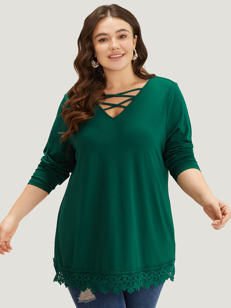 Plus Size Women Dailywear Plain Plain Regular Sleeve Long Sleeve V-neck Elegant T-shirts BloomChic 