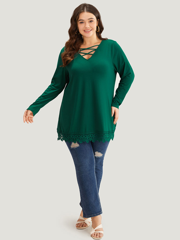 Plus Size Women Dailywear Plain Plain Regular Sleeve Long Sleeve V-neck Elegant T-shirts BloomChic 