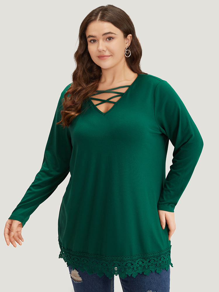 Plus Size Women Dailywear Plain Plain Regular Sleeve Long Sleeve V-neck Elegant T-shirts BloomChic 