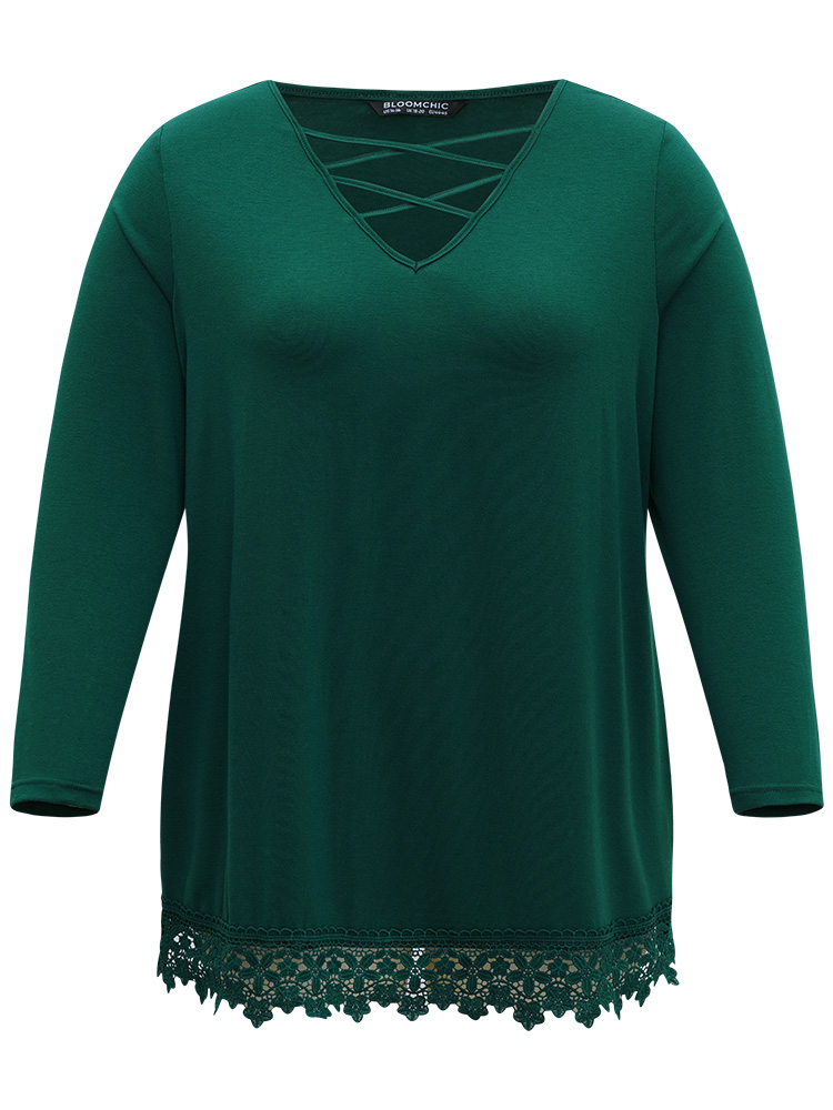 

Plus Size Solid Lace Panel Crisscross V Neck T-shirt DarkGreen V-neck Long Sleeve Elegant Jersey Tops