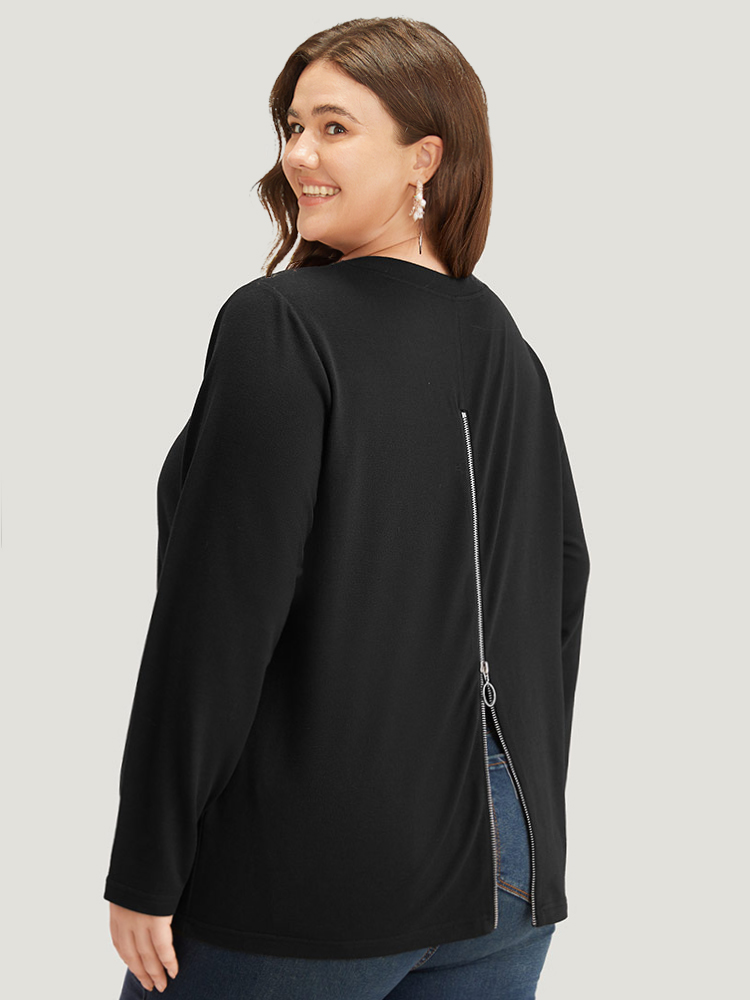 

Plus Size Plain V Neck Back Half Zip Sweatshirt Women Black Casual Plain V-neck Dailywear Sweatshirts BloomChic