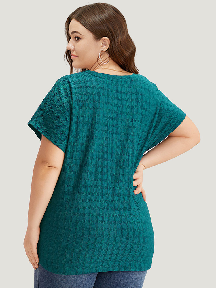 

Plisse Crossover Button Up Batwing Sleeve T-shirt, Teal