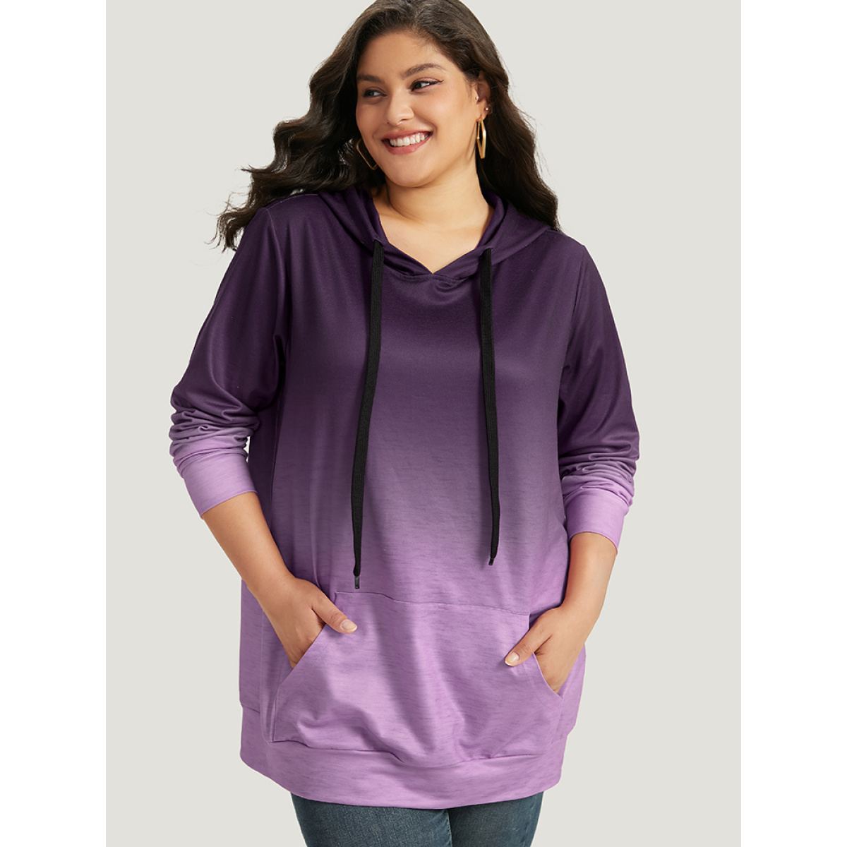 

Plus Size Ombre Pocket Drawstring Hooded Sweatshirt Women Purple Casual Elastic cuffs Hooded Everyday Sweatshirts BloomChic