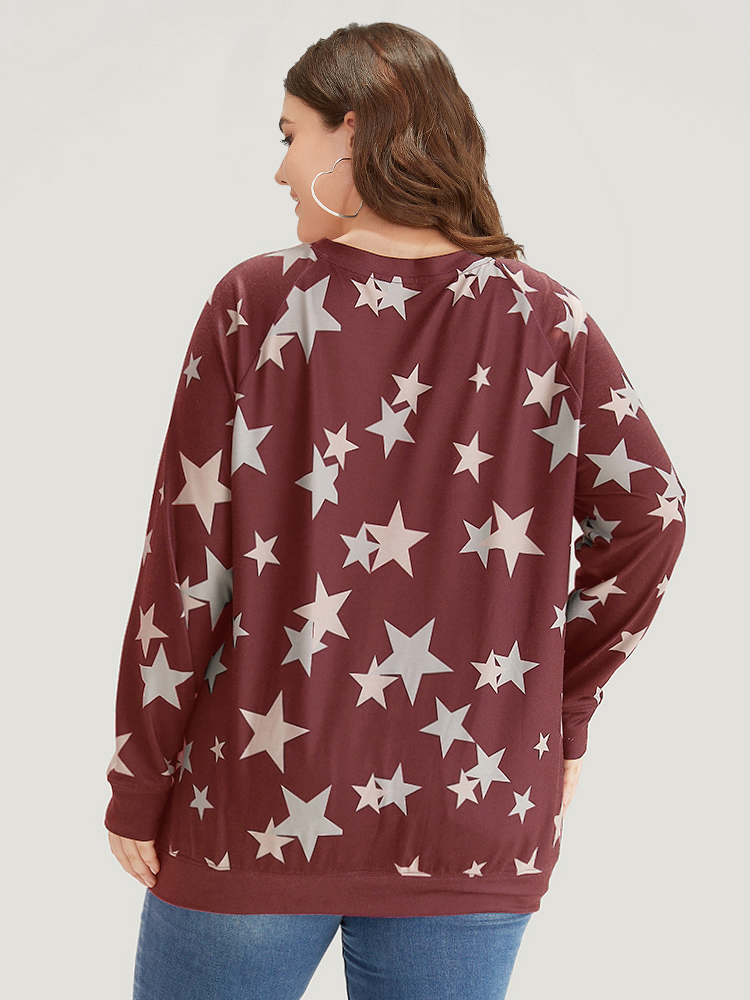 

Plus Size Star Print V Neck Raglan Sleeve Sweatshirt Women Raspberry Elegant Elastic cuffs V-neck Dailywear Sweatshirts BloomChic