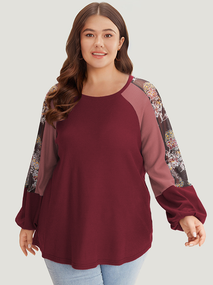 Plus Size Women Dailywear Plants Patchwork Regular Lantern Sleeve Long Sleeve Round Neck Elegant Sweatshirts BloomChic 